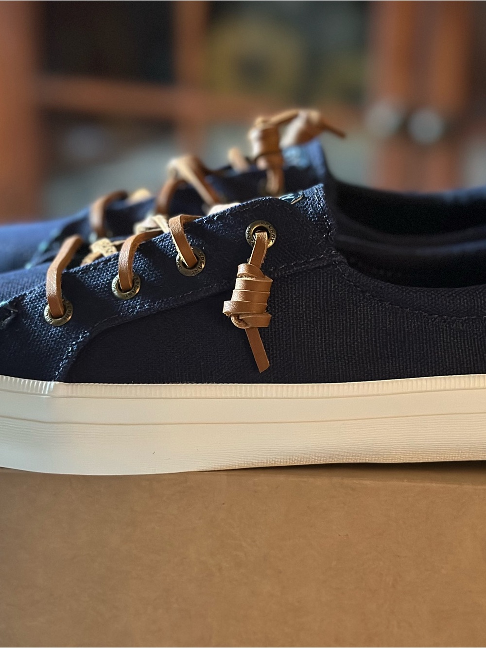 Sperry women's navy Canvas Boat Shoes with Brown Laces - Picture 3 of 6